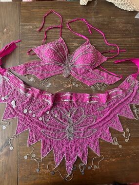 Vintage Hot Pink Hand-Beaded Silk Halter Belly Dance Top and Hip Scarf Set